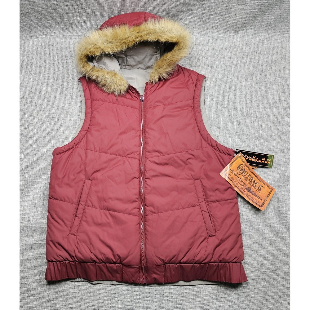 Outback Trading Company Vest Womens XL Wine Echo Hooded Fur Trim Reversible